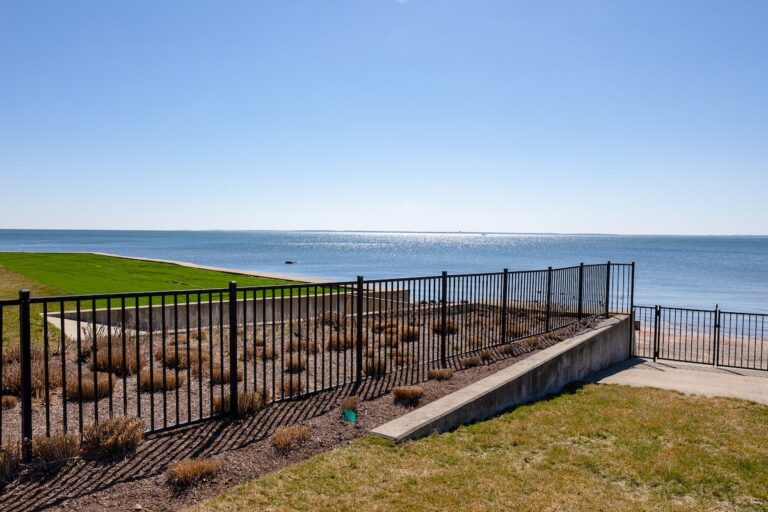 A short black aluminum fence divides two oceanside plots, one with patches of sea grass and lush green lawn.