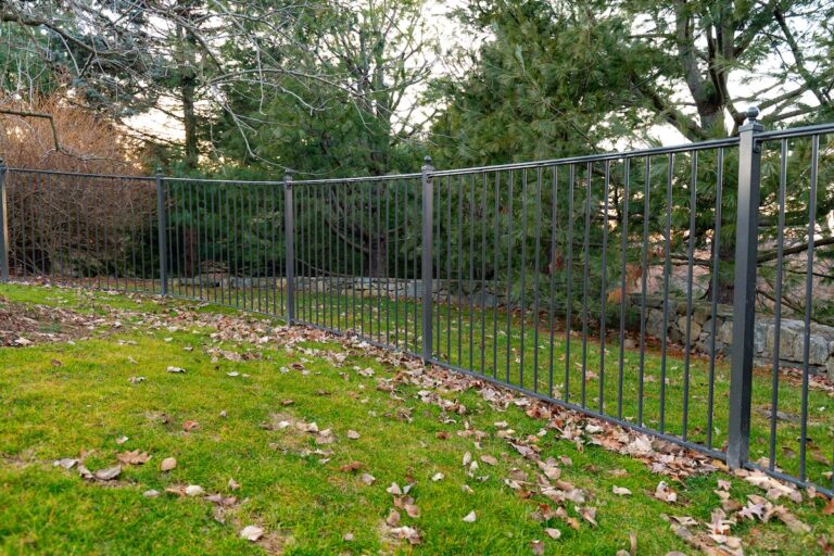 A black aluminum fence with narrowly-spaced spindles divides a patch of grass.