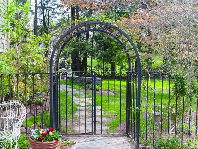 A wrought iron arbor is set into a simple wrought iron fence. The arch of the arbor frames a double gate. The vertical posts have an inverted half-circle between them at the top of the fence.