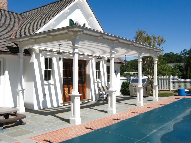 attached white column pergola