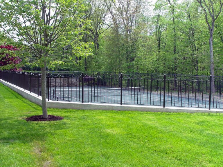 A green tennis court surrounded by a retaining wall and a black metal tennis court fence are in the background of the image. A green lawn and a young tree are in the foreground.