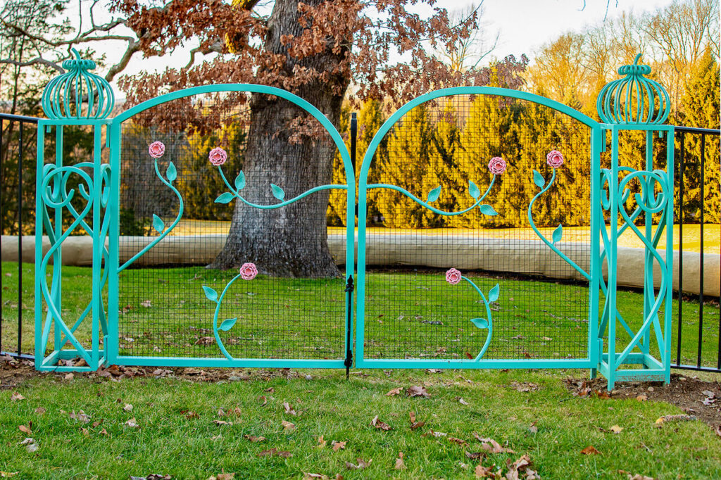 green and pink metal gate