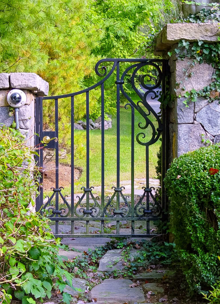 wrought iron walk gate with swirl design ideas