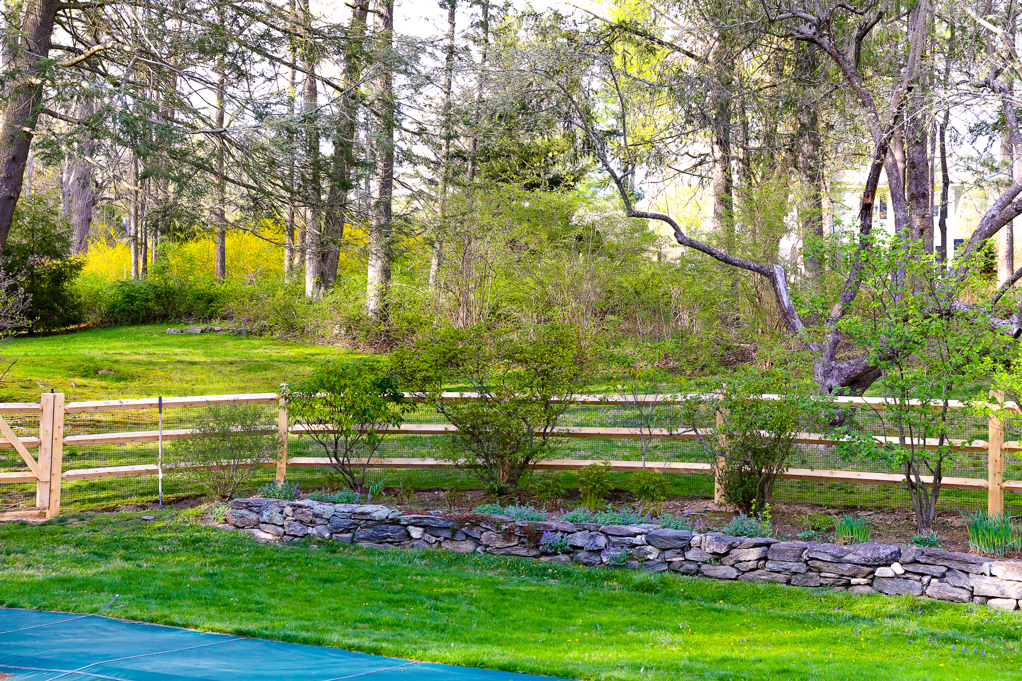 Cedar Post and Rail Fence with a short rock wall and privacy shrubs