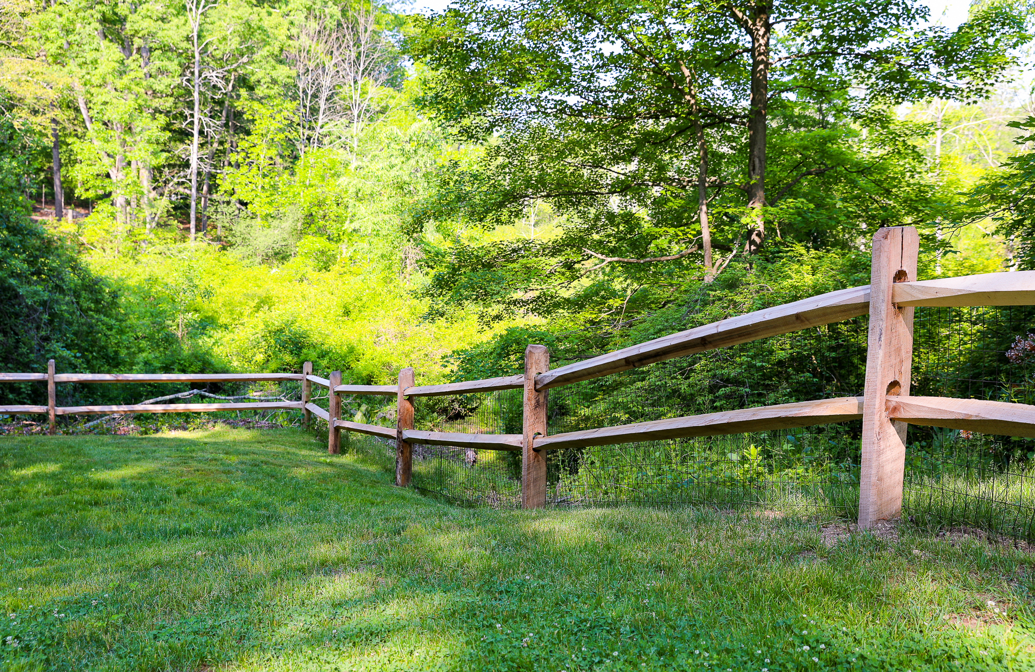 Simple 2-rail post and rail fence in a yard setting