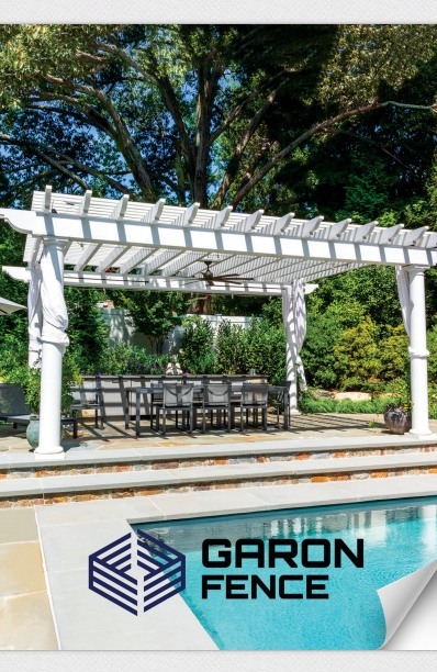 The Garon Fence lookbook cover, a white poolside pergola